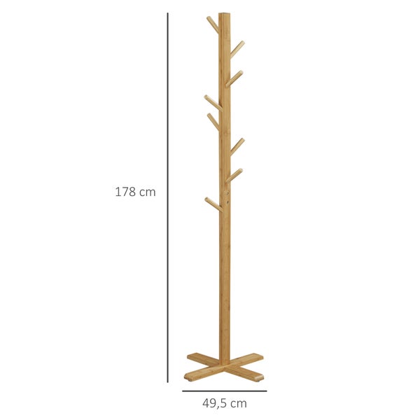 HOMCOM Garderobenständer aus Bambus, Jackenständer mit 8 Haken, Garderobe, Kleiderständer für Schlafzimmer, Flur, Hüte, 49,5 x 49,5 x 178 cm, Natur