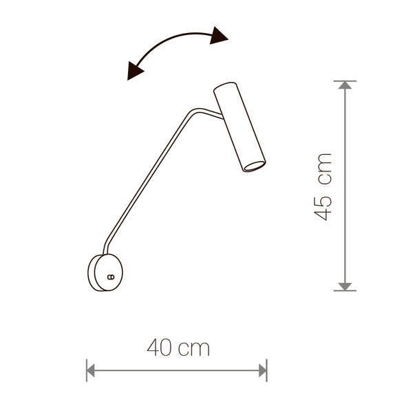 Skizze einer Wandleuchte mit den Maßen 45 mal 40 Zentimeter und schwenkbarem Leuchtenkopf
