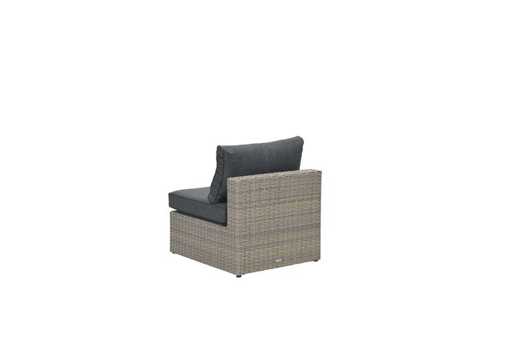 Garten-Lounge Eckelement aus Polyrattan-Geflecht mit grauen Sitz- und Rückenkissen.