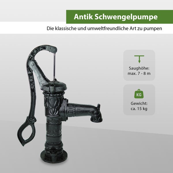 Dekorative Schwengelpumpe aus Metall mit einer maximalen Saughöhe von 8 Metern und einem Gewicht von circa 15 Kilogramm.