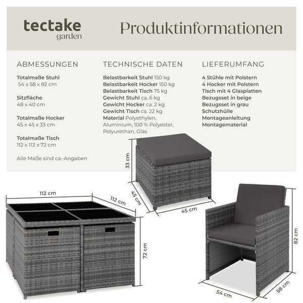 Rattan Sitzgruppe tectake Manhattan 2 Bezugssets, zusammenschiebbar, inklusive Schutzhülle mit Aluminiumgestell grau
