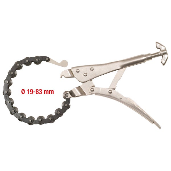 Ketten-Rohrabschneider von KS Tools aus Metall mit schwarzer Kette.