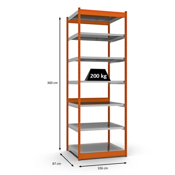 PROREGAL Fachbodenregal Stecksystem Vierkant-Profil Grundregal HxBxT 300 x 102,5 x 80 cm 7 Ebenen Einseitige Bauart Fachlast 200 kg Orange