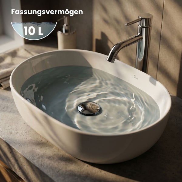 Ovales Aufsatzwaschbecken mit einem Fassungsvermögen von 10 Liter.