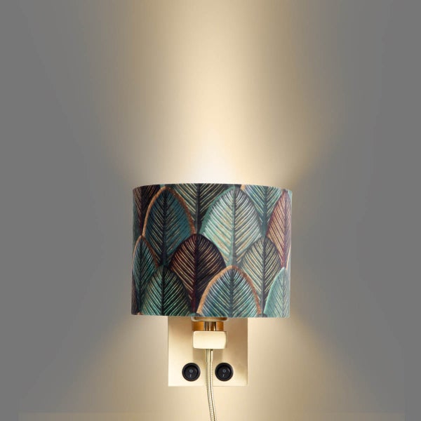 Wandleuchte Bronze mit Samtlampenschirm Blattdesign und goldfarbener Innenseite - Brescia Combi