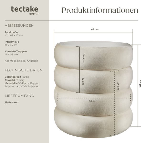 Sitzhocker mit Stauraum tectake Altu 42 x 42 x 47 cm rund Samtoptik creme-weiß