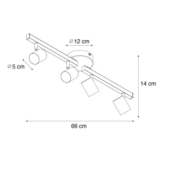 Skizze einer Deckenleuchte mit vier Strahlern und Maßangaben