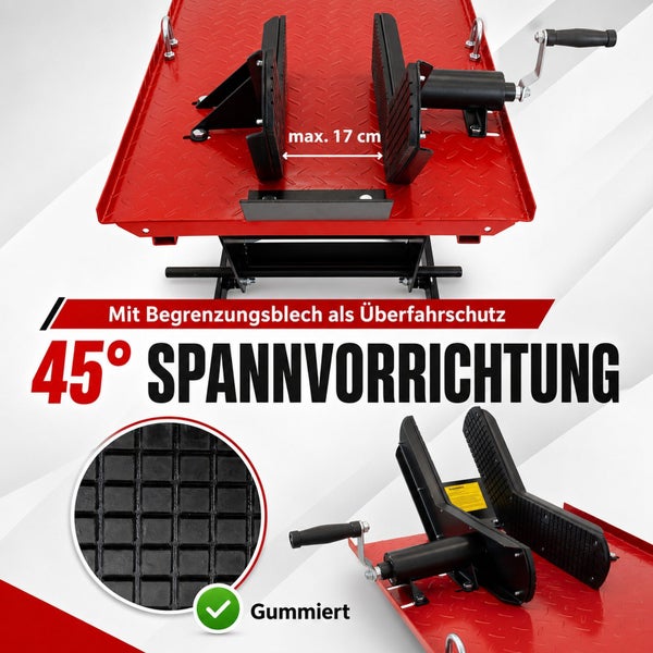Motorradhebebühne mit 45 Grad Spannvorrichtung, gummierten Spannbacken bis maximal 17 Zentimeter und Überfahrschutzblech.