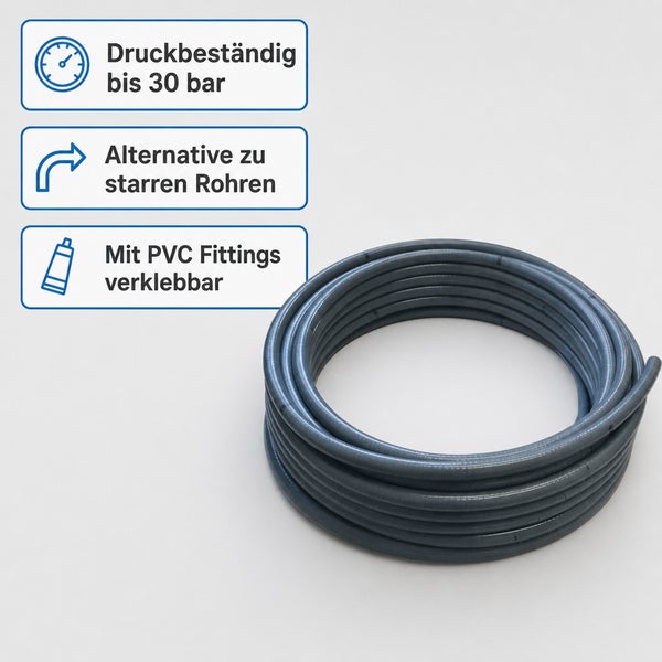 Flexibler PVC Schlauch als Rolle, druckbeständig bis 30 Bar, als Alternative zu starren Rohren mit PVC Fittings verklebbar.
