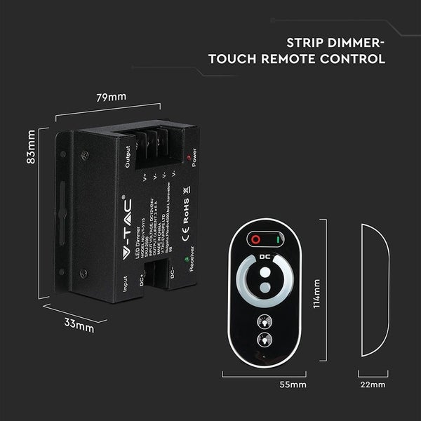 LED-Strip-Dimmer mit Touch-Fernbedienung und Maßangaben