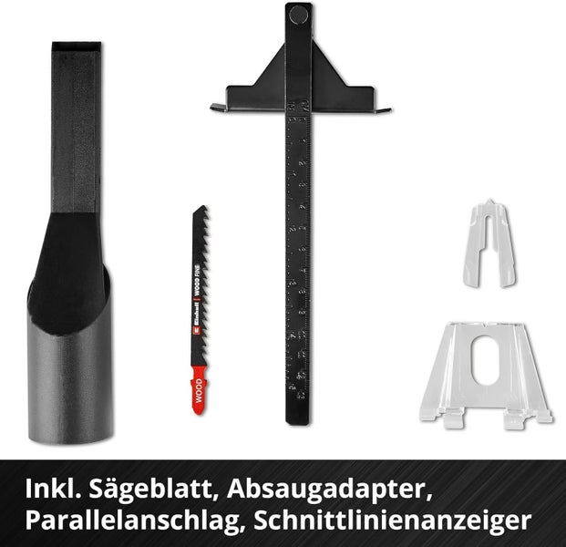 Zubehörset für Einhell Stichsäge bestehend aus Sägeblatt, Absaugadapter, Parallelanschlag und Schnittlinienanzeiger.