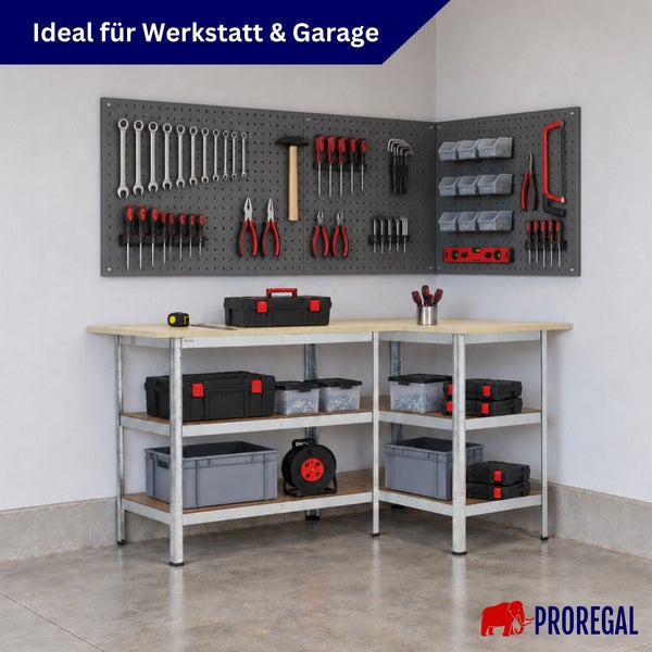 Winkelwerkbank mit Lochwand und Werkzeugaufbewahrung für Werkstatt und Garage