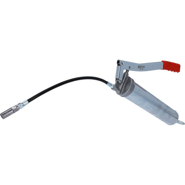 Fettpresse mit rotem Griff und schwarzem Schlauch