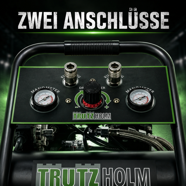 Bedienpanel eines Trutzholm Kompressors mit zwei Manometern, zwei Schnellkupplungen und einem Druckregler.
