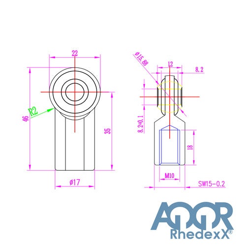 Technische Zeichnung eines Gelenkkopfs mit Massen für M10 Gewinde und 46 Millimeter Gesamtlänge. AGQR Rhedexx Logo.