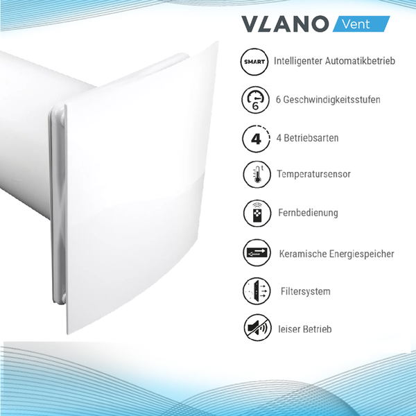 Vlano Logo, Vlano Vent Wohnraumlüftung mit 6 Geschwindigkeiten, Fernbedienung, Temperatursensor, Keramik-Energiespeicher und Filtersystem.