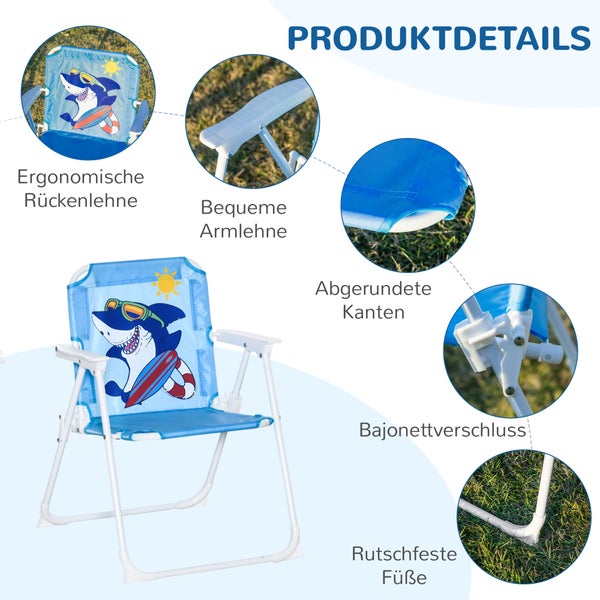 Outsunny 4tlg. Kindersitzgruppe, Gartentisch mit 2 Klappstühle, für 3-6 Jahre, Ø49,5 x 50H cm, Metall, Polyester, Blau