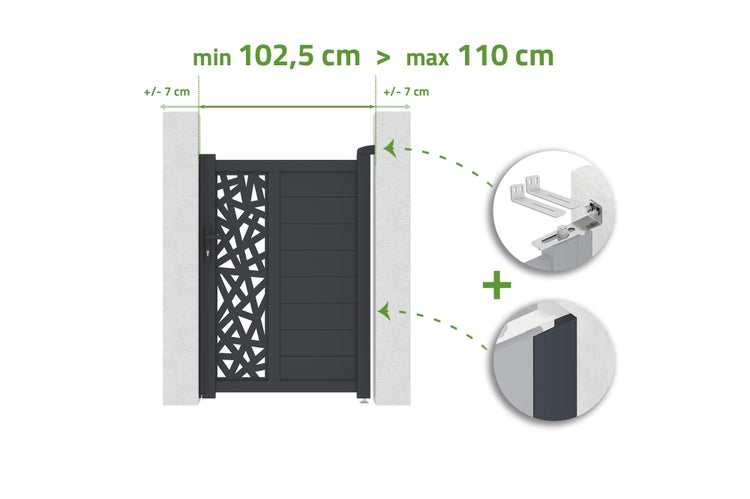 Gartentor mit verstellbarer Breite von minimum 102,5 Zentimeter bis maximum 110 Zentimeter, inklusive Montagematerial.