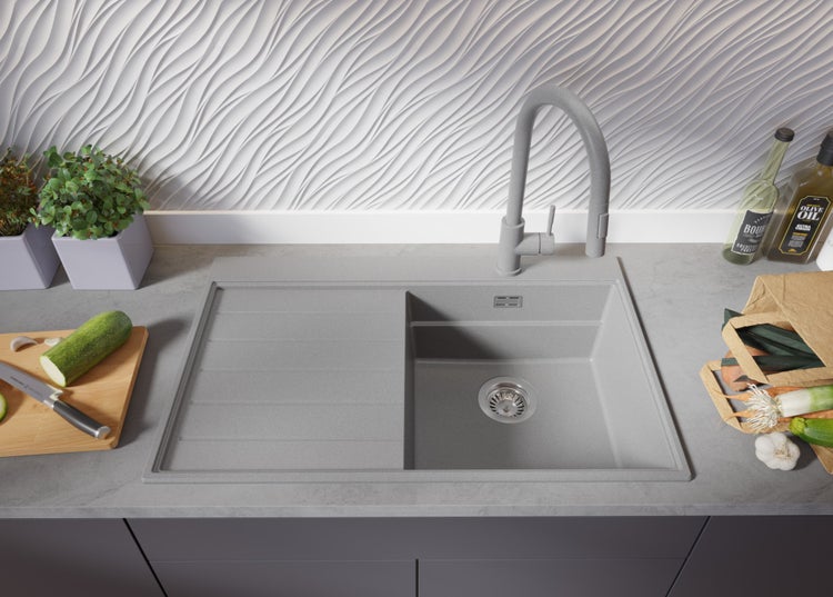 PRIMAGRAN Spülbecken Grau 78x50cm, Granitspüle 1 Becken + Ablauf-Set + Küchenzubehörset, Küchenspüle ab 45er Unterschrank - Sydney