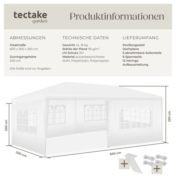 Produktinformationen und technische Daten zu einem Gartenpavillon von Tectake inklusive Maße, Material, Lieferumfang und Montagezubehör.