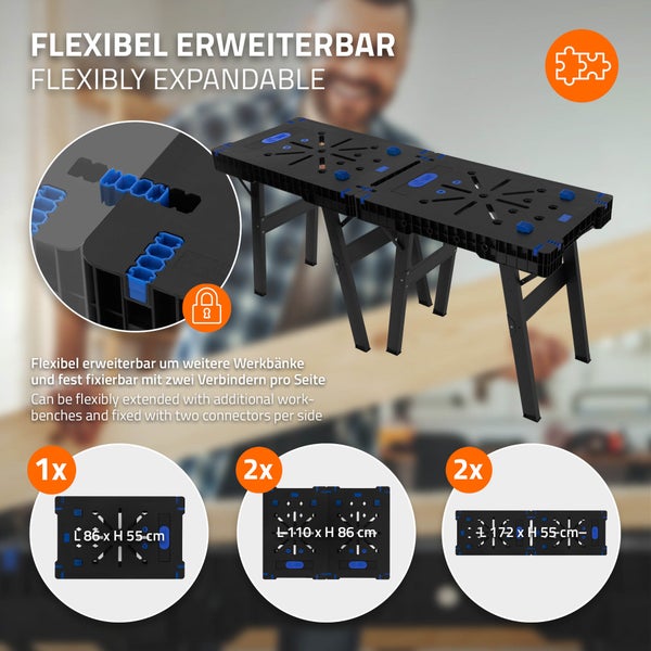 ECD Germany Werkbank klappbar, 86x55x80 cm, Werktisch erweiterbar, bis 150 kg belastbar, Aufgedruckte 2 Messskalen, große Arbeitsfläche, Sägebock Arbeitstisch Werkstatt mit Metallbeinen und Tragegriff