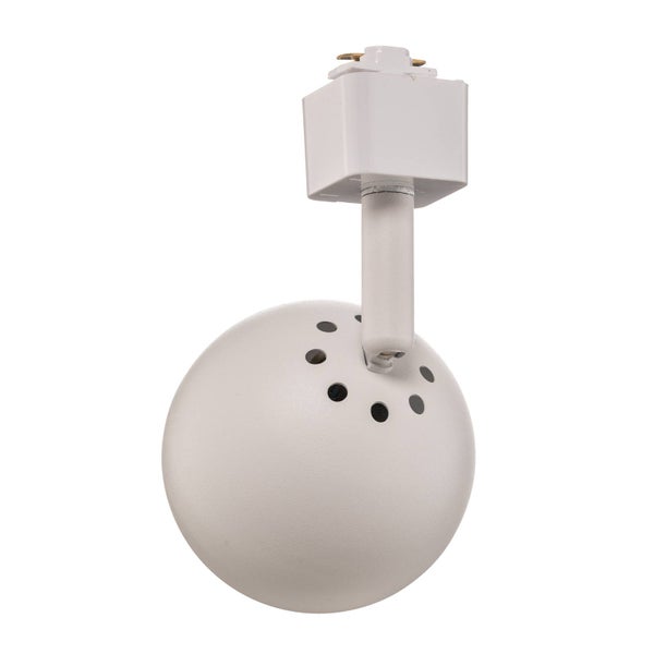 Weißer Schienenspot in Kugelform aus Metall für Schienensysteme mit Belüftungslöchern.