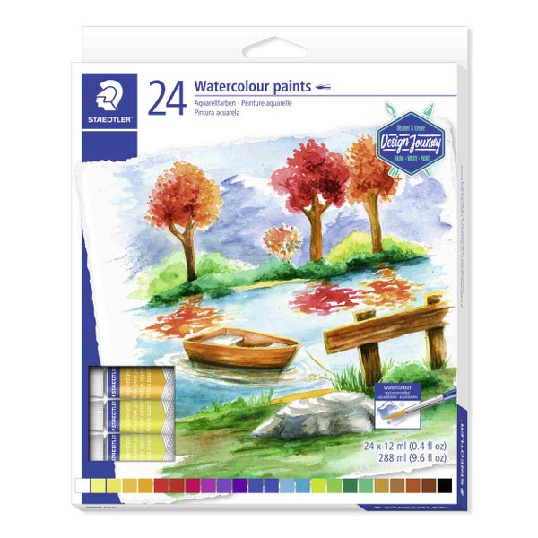 Set mit 24 Staedtler Aquarellfarben in Tuben zu je 12 Millilitern in einer Kartonverpackung mit Abbildung einer Landschaft.