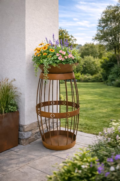 Pflanzsäule aus Metall in Rostoptik mit einer bepflanzten Blumenschale auf einer Terrasse neben einer Hauswand im Garten.