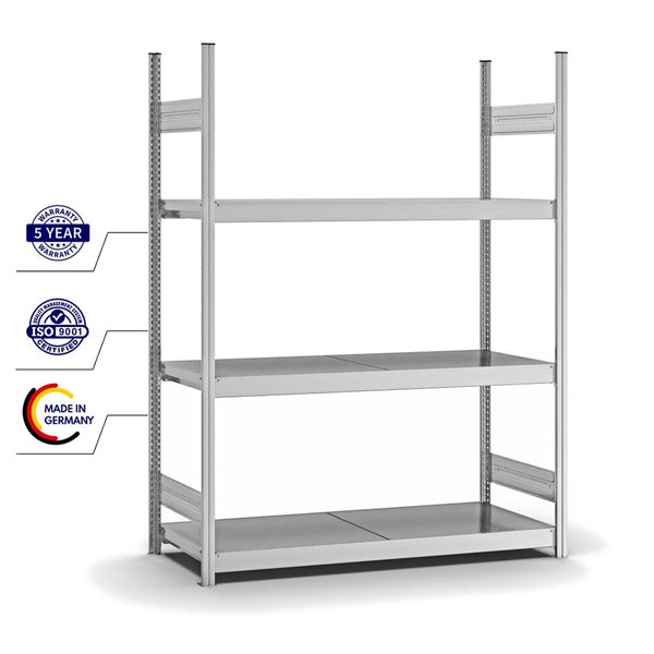 PROREGAL Weitspannregal Stecksystem T-Profil Grundregal HxBxT 200x150x50 cm 3 Ebenen Stahlplatten Fachboden Fachlast 350 kg Verzinkt