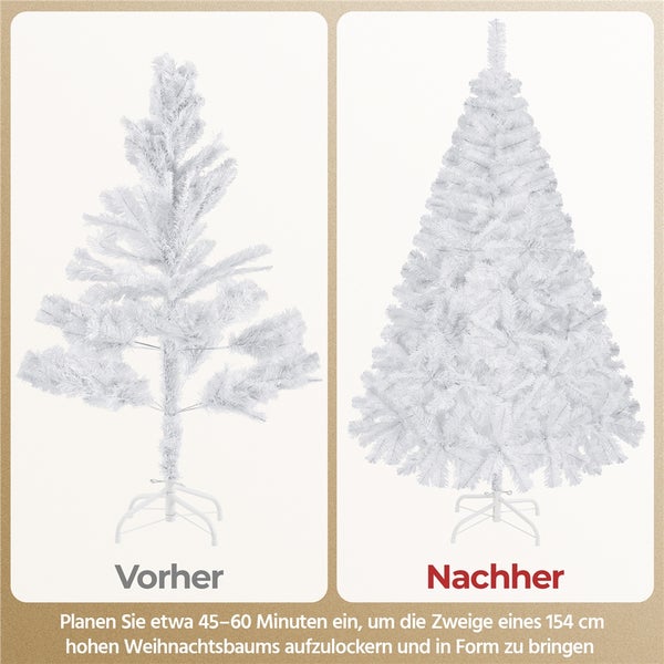 Vorher-Nachher-Vergleich eines weißen künstlichen Weihnachtsbaums mit einer Höhe von 154 cm vor und nach dem Entfalten der Zweige