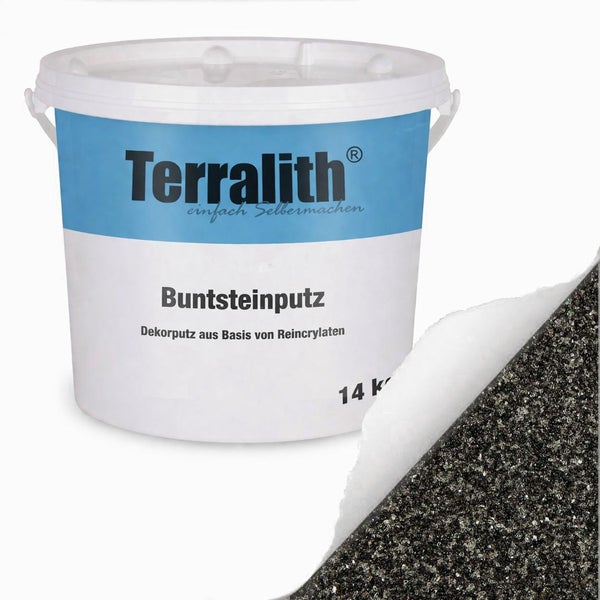 Terralith Buntsteinputz 14 Kilogramm, Dekorputz auf Basis von Reinacrylaten, dunkelgrau melierte Steinstruktur.