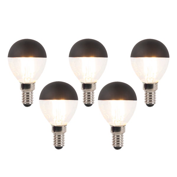 5er-Pack LED-Leuchtmittel E14 Tropfenform mit schwarzem Kopfspiegel, Filament, warmweiß leuchtend.