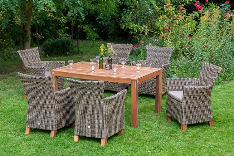 Toskana Gartemöbelset 7tlg., Gartensessel inkl. Auflagen, Ausziehtisch 150 (200) x 90 cm, natur