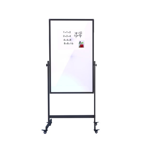 Mobiles Whiteboard mit schwarzem Metallgestell und vier Rollen.