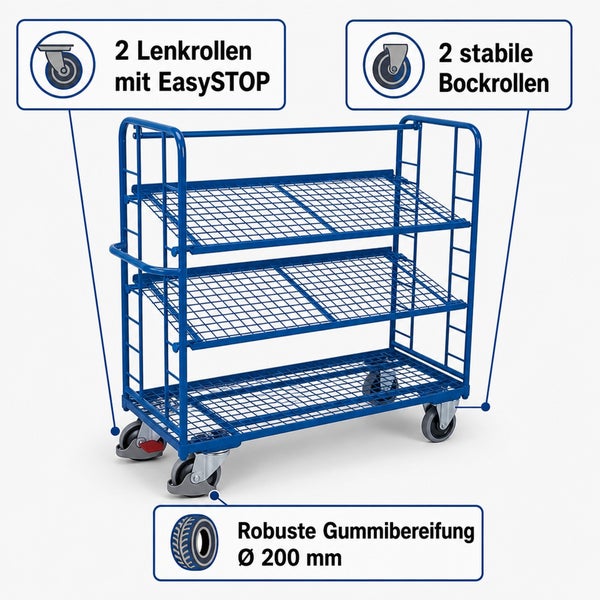 Etagenwagen mit drei Gitterböden zwei Lenkrollen mit EasySTOP zwei Bockrollen und robusten 200 Millimeter Gummireifen