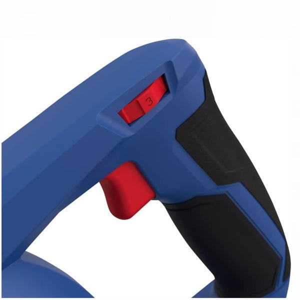 Detailansicht eines blauen Elektrowerkzeug-Handgriffs mit schwarzer Grifffläche, rotem Drückerschalter und rotem Einstellrad.