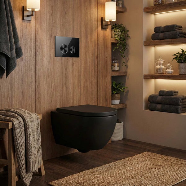 Modernes Badezimmer mit schwarzer Wandtoilette, Betätigungsplatte, Holzverkleidung und Regalen mit Handtüchern.