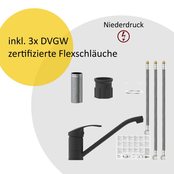instmaier Niederdruck Küchenarmatur K1 | 360° schwenkbar | Wasserhahn Küche | Spültischarmatur Schwarz Matt | mit Zentralverschraubung