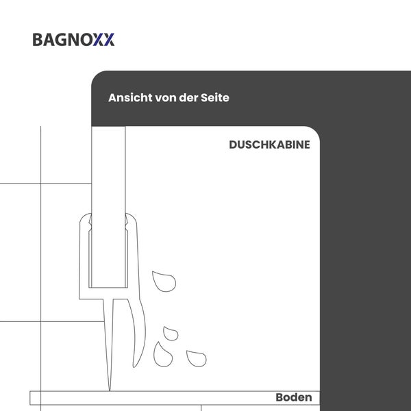 Bagnoxx Logo. Technische Zeichnung einer Duschkabinen-Dichtung in der Seitenansicht am Boden.