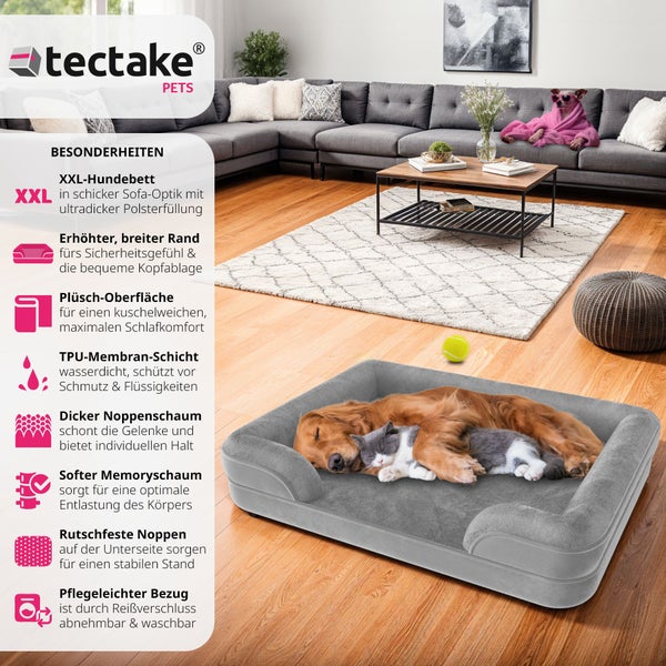 Orthopädisches Hundebett tectake Kimba waschbar mit abnehmbarem, wasserdichtem Plüschbezug grau