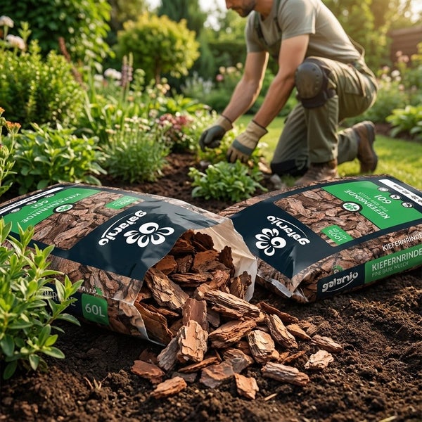 Gärtner verteilt Kiefernrinde aus 60 Liter Säcken von galamio im Gartenbeet.