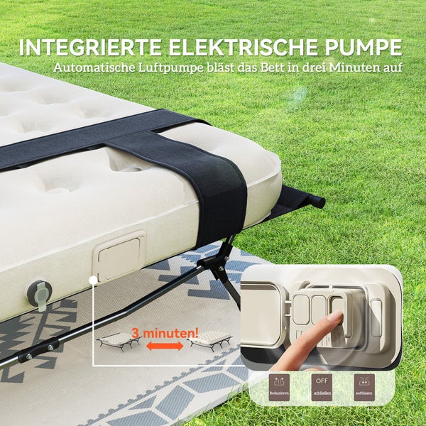 Outsunny Feldbett Campingbett mit Luftmatratze Pumpe 200 x 153 cm Gästebett belastbar bis 200 kg Extra Breit Campingliege für 2 Erwachsene für Camping Outdoor Garten Reisen Schwarz+Khaki