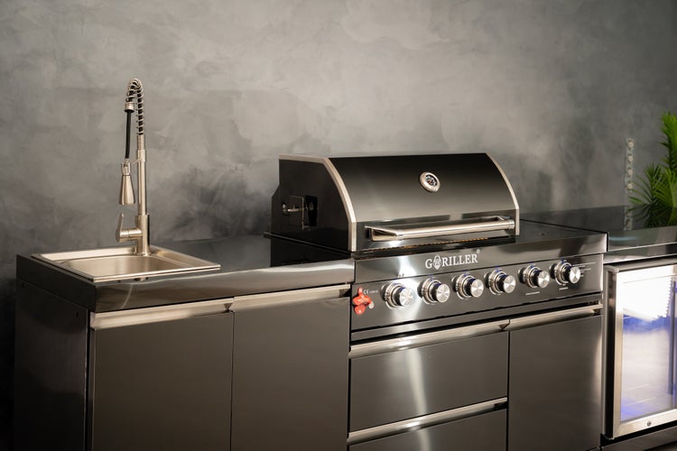 GORILLER® BLACKBACK M6 Outdoor-Küche, Gasgrill mit Doppel-Kühlschrank und Waschbecken, Edelstahl, Schwarz