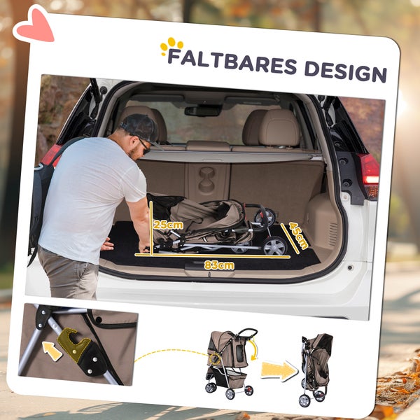 PawHut Hundewagen, 75L x 45B x 97H cm, 600D Oxford, Nylon-Netzgitter, Kaffeebraun+Silber