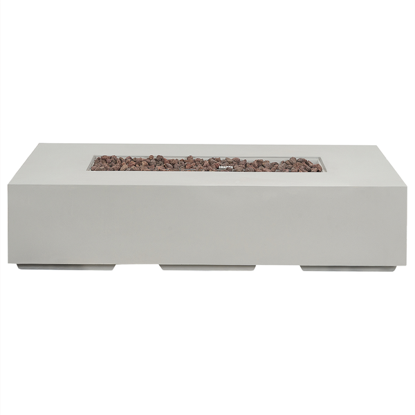 Rechteckiger Gas-Feuertisch in Betonoptik mit Lavasteinen.