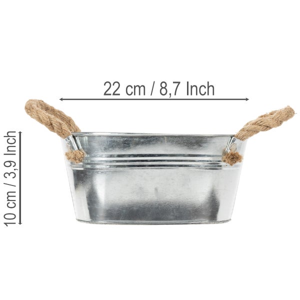 Ovale Zinkschale mit Seilgriffen, Breite 22 Zentimeter, Höhe 10 Zentimeter.