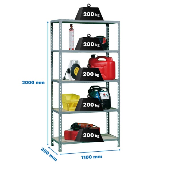 PROREGAL Schwerlastregal Big Muli HxBxT 200 x 110 x 30 cm 5 Fachböden Fachlast 200 kg Verzinkt