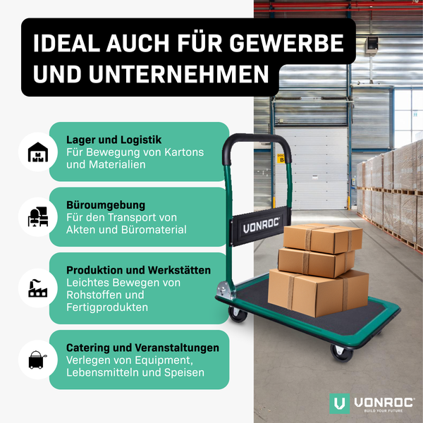 VONROC Plattformwagen klappbar 150kg - Rollwagen als Transporthilfe - Transportwagen mit Griff