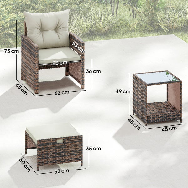 Gartenmöbel-Set aus braunem Polyrattan mit Abmessungen in Zentimeter für Sessel, Hocker und Beistelltisch.