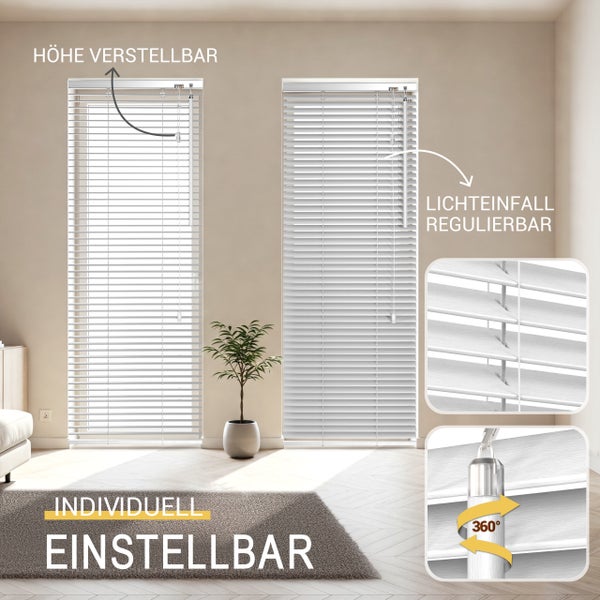 Zwei weiße Jalousien an einer Wand, höhenverstellbar und mit regulierbarem Lichteinfall durch drehbare Lamellen um 360 Grad.